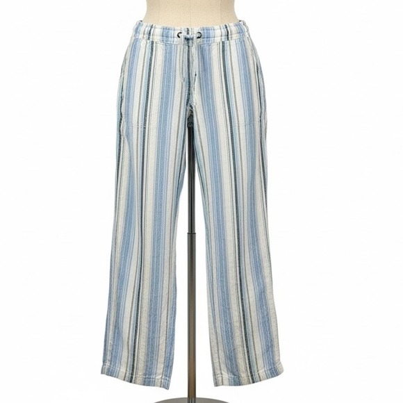 Per Se Pants - Per Se Blue Striped Linen Blend Drawstring Pants Women Size M